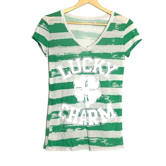 Gray and Green St Patrick’s Day Lucky Charm Scoop V Neck Short Sleeve Tee Shirt - Picture 1 of 6